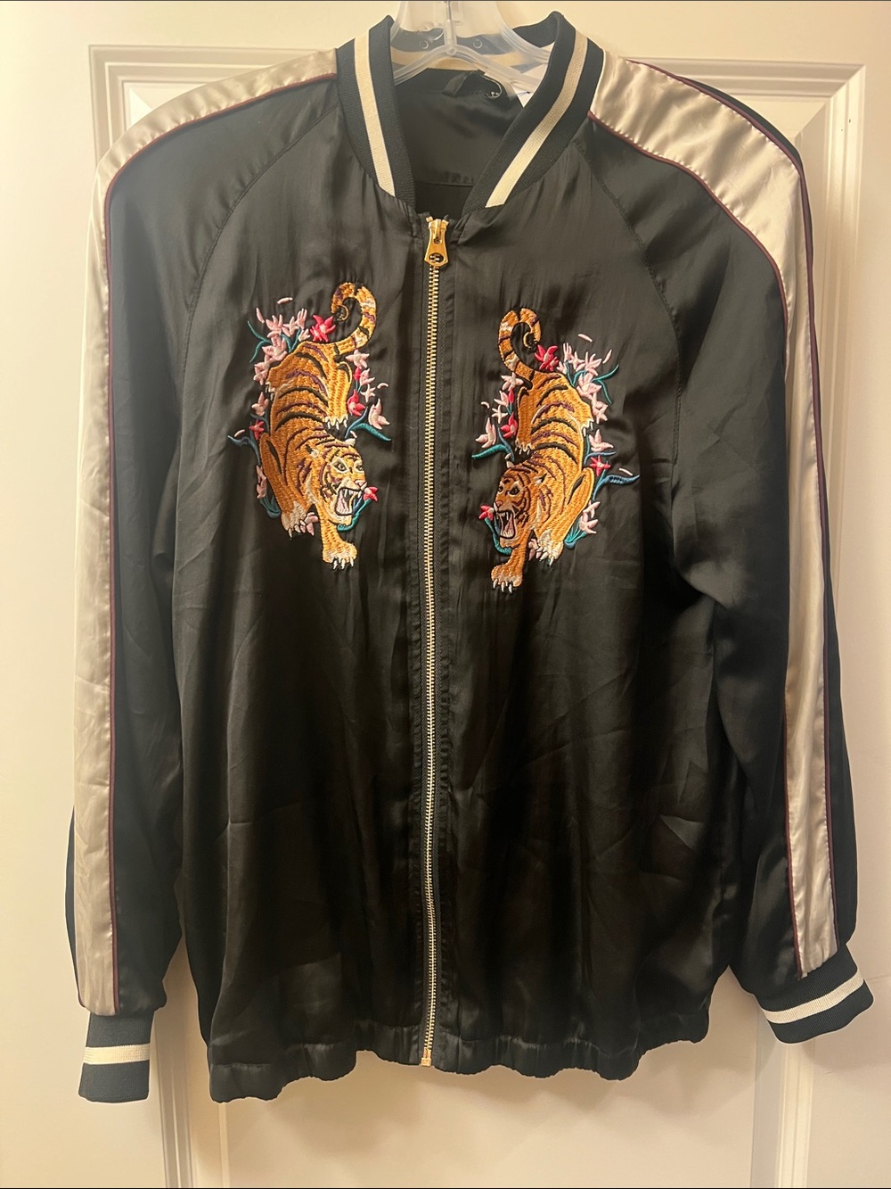 Divided Black Satin Bomber Jacket with Embroidered Tiger Motif